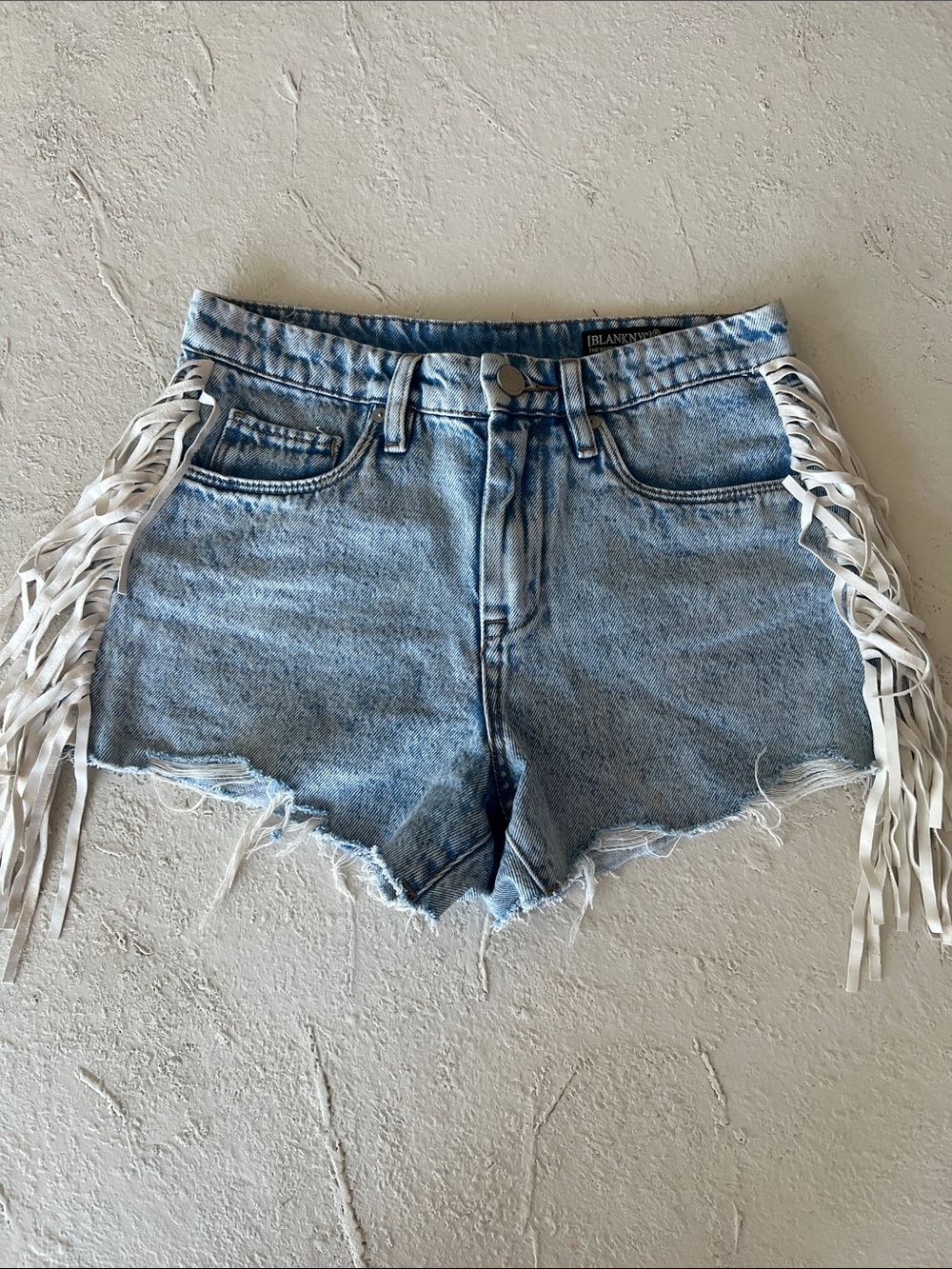Blank NYC Light Wash Denim Fringe Side High-Rise Shorts